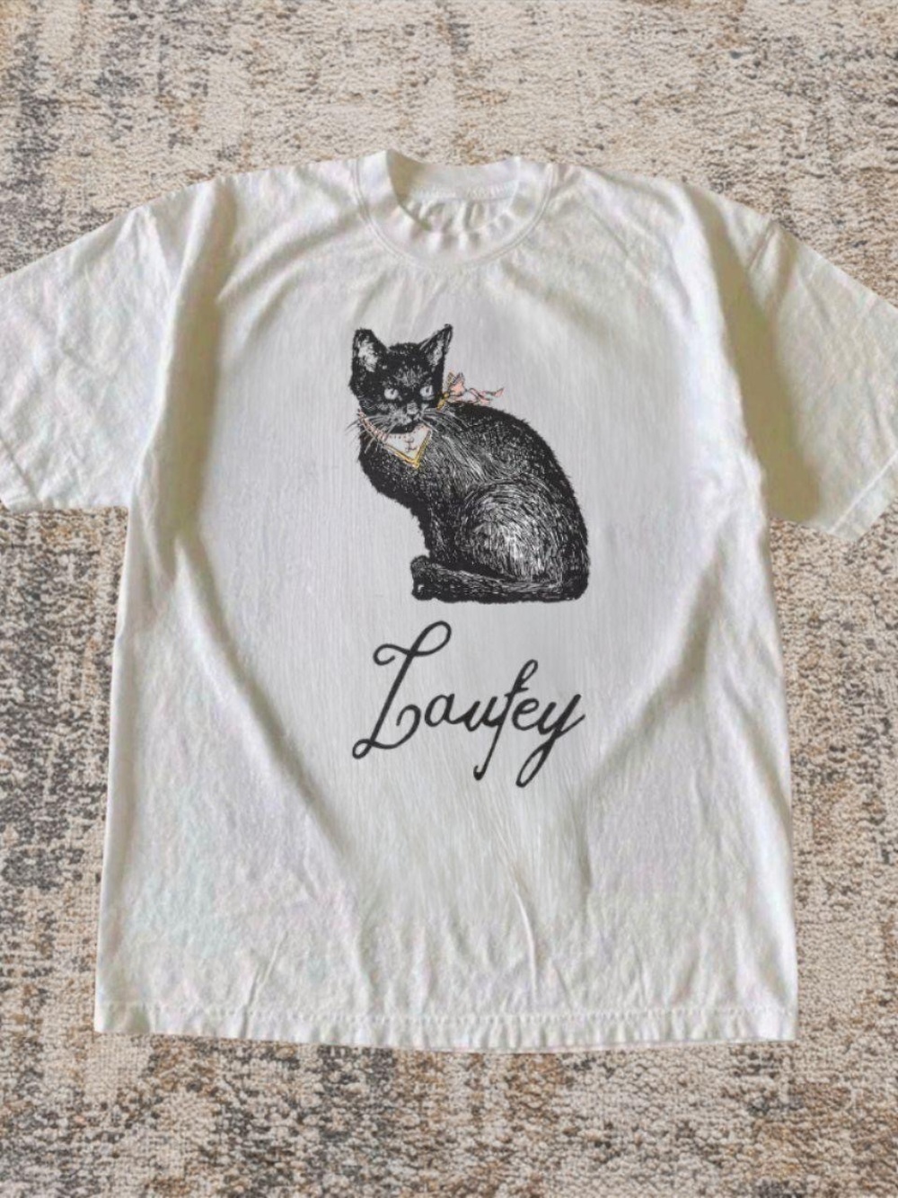 Gildan White Tee with Black Cat Graphic and 'Laufey' Script